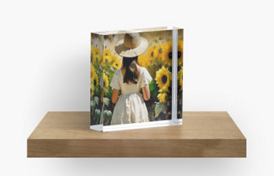 Young Girl Surrounded By Sunflowers - Acrylic block