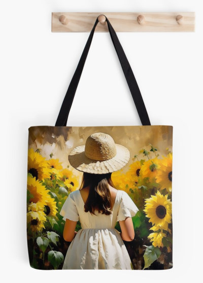 Young Girl Surrounded By Sunflowers - all over tote bag