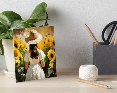 Young Girl Surrounded By Sunflowers - Art board print