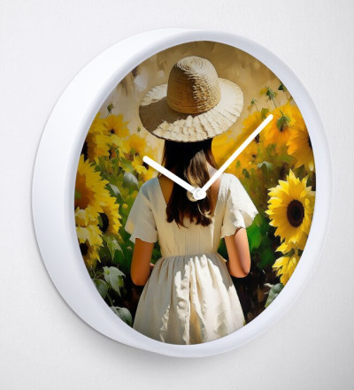 Young Girl Surrounded By Sunflowers - Clock