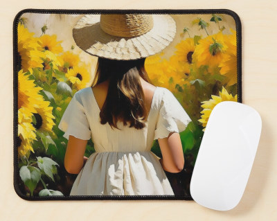 Young Girl Surrounded By Sunflowers - Mouse pad