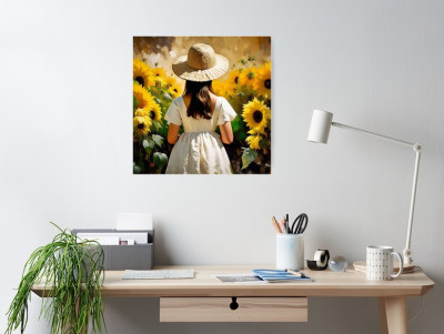 Young Girl Surrounded By Sunflowers - Poster