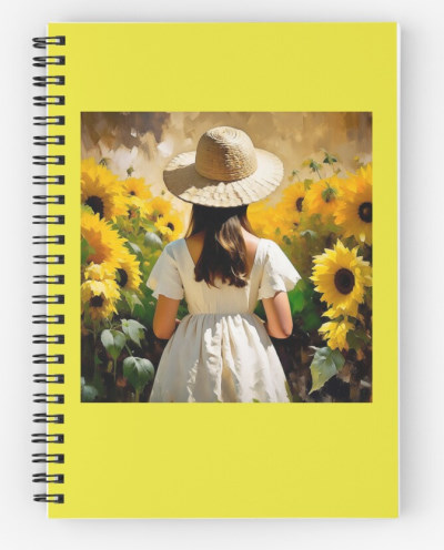 Young Girl Surrounded By Sunflowers - Spiral notebook