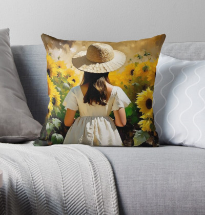 Young Girl Surrounded By Sunflowers - Throw pillow